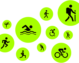 Trainingssymbole, stilisierte Personen laufen, gehen, schwimmen, nutzen einen Rollstuhl, wandern, fahren Fahrrad, machen einen Ausfallschritt, tanzen, stretchen sich und machen Yoga